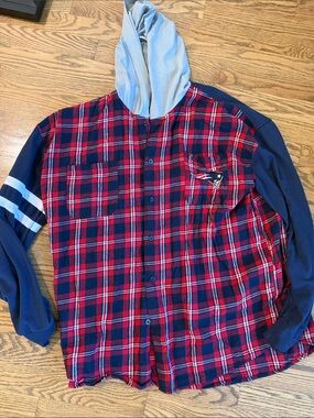 Men's Red and Navy Plaid patriots Hooded Flannel Shirt